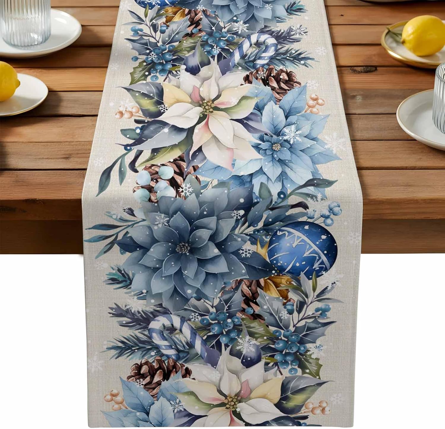 Christmas Table Runner - عيد الميلاد الأزرق البونسيتة الكرة التوت